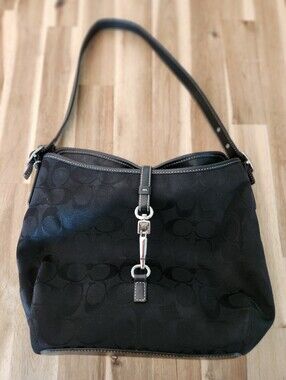 Coach Black Signature Hampton Slim Clip Hobo Vintage Bag Purse Demi Pouch